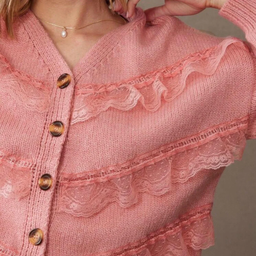 Brand new Zara Pink Lace-Ruffle V-Neck Cardigan - Size M - Picture 4 of 4